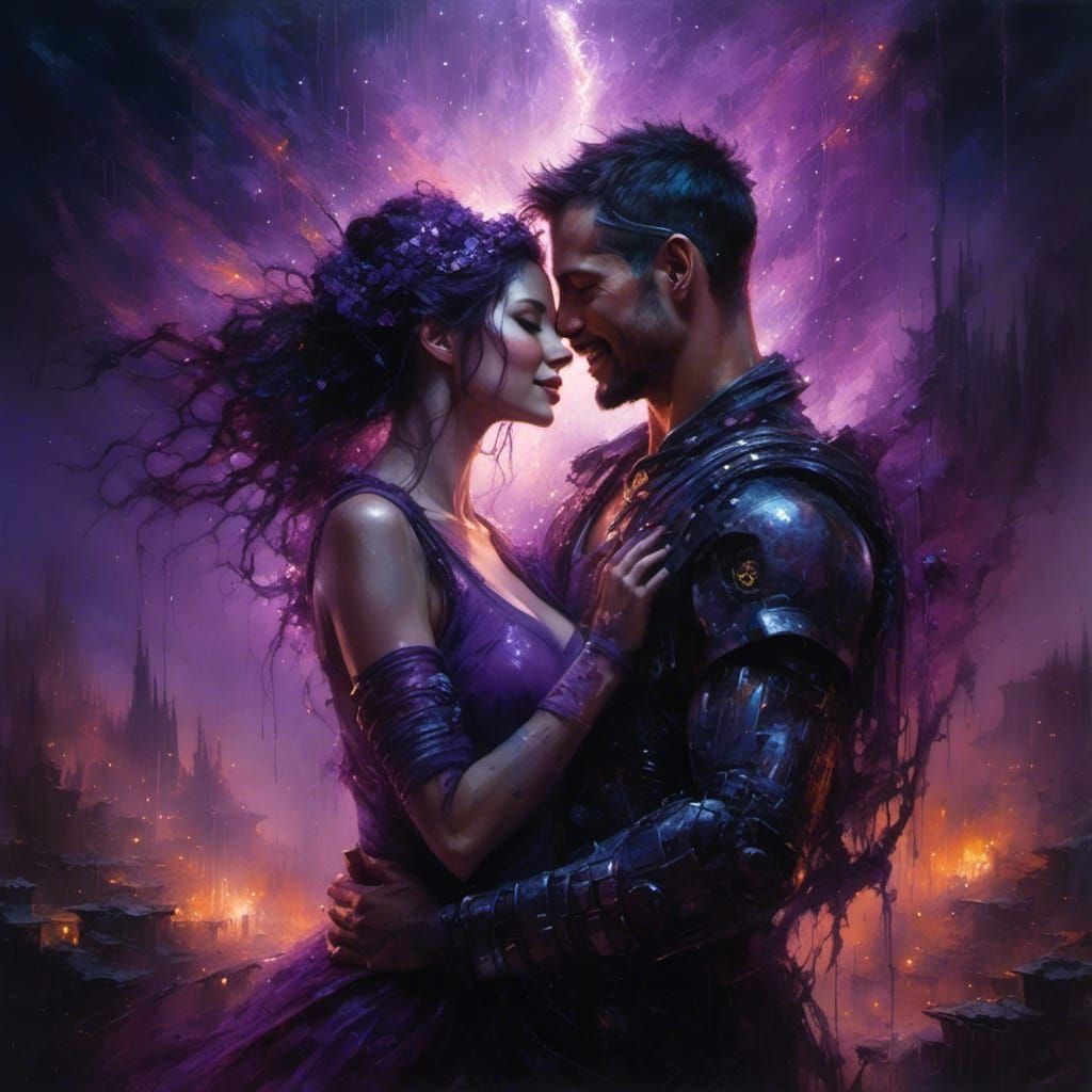 Cyborg Embrace in Dystopian Cityscape