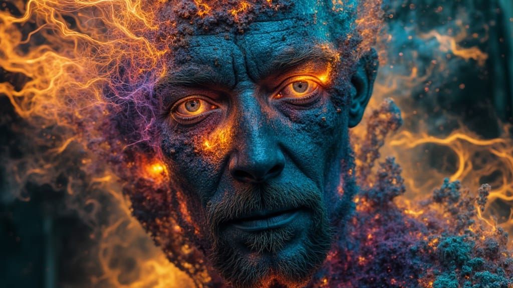 Fractal Faced Man with Rainbow Flames