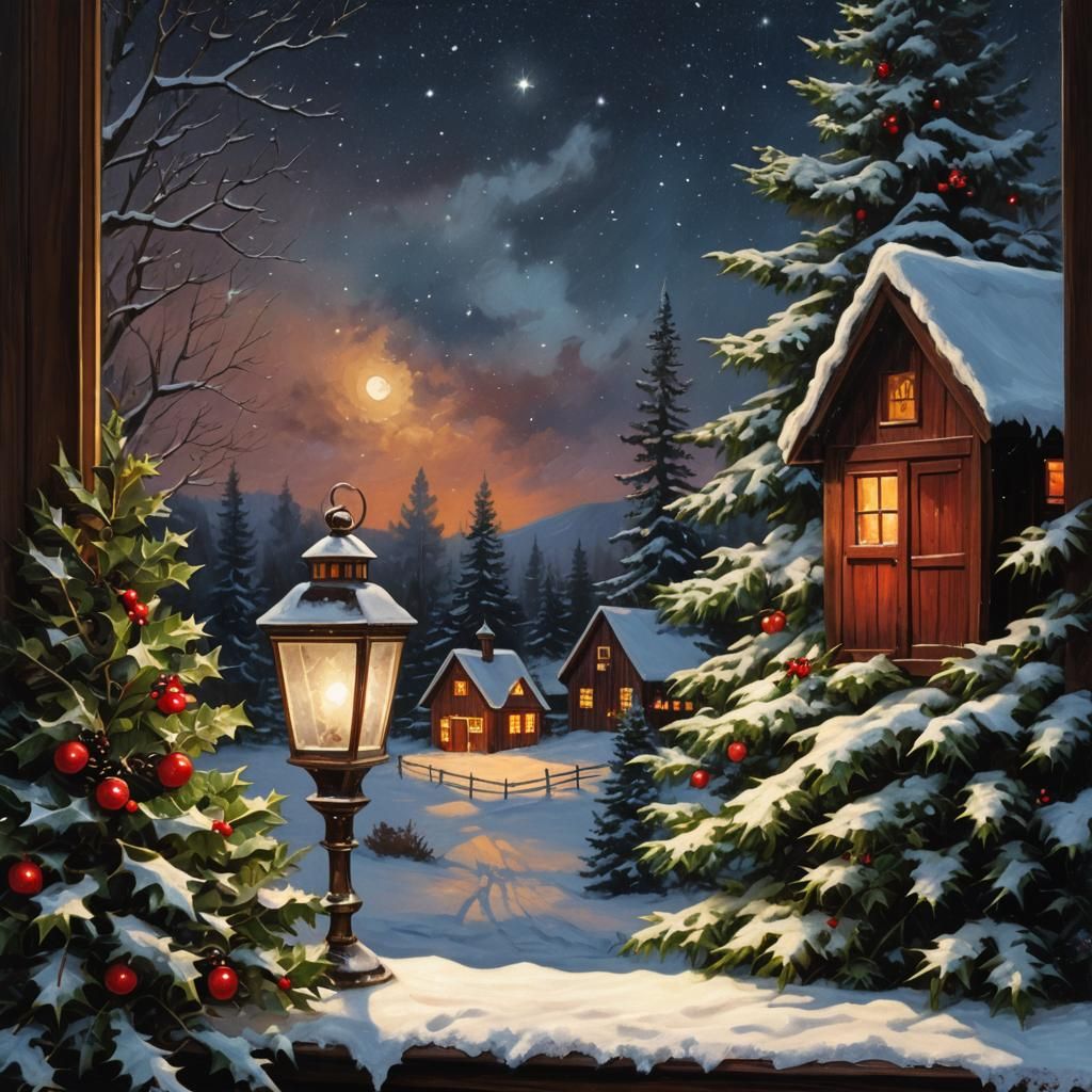 Cozy Christmas Eve Scene as Oil Painting