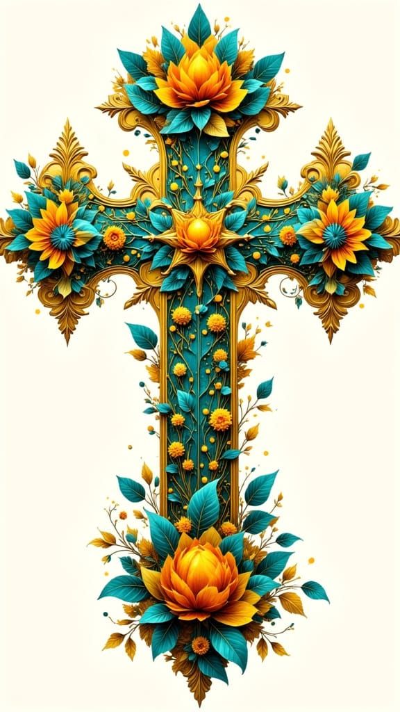 Ornate Turquoise Cross with Floral Art Nouveau Design