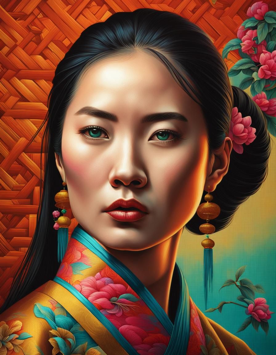 Chinese Woman Portrait in Hyperrealistic Splash Art Style