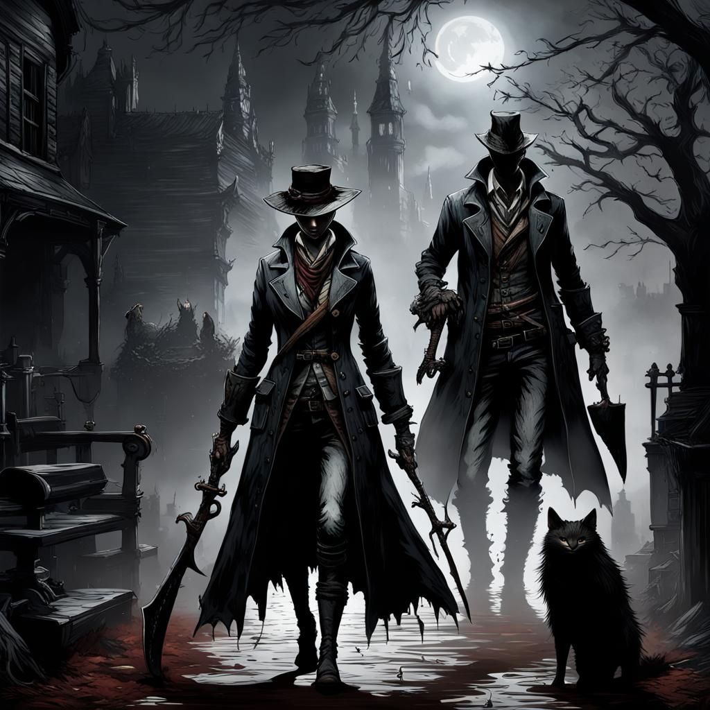 Bloodborne Hunters with Saw Cleaver in Dark Setting