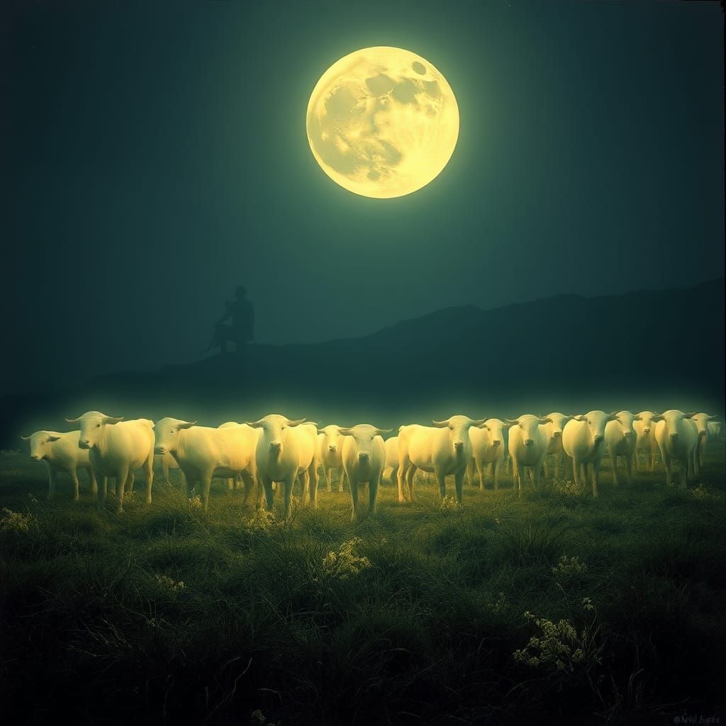 Ethereal Lunar Cows Grazing Under Moonlight