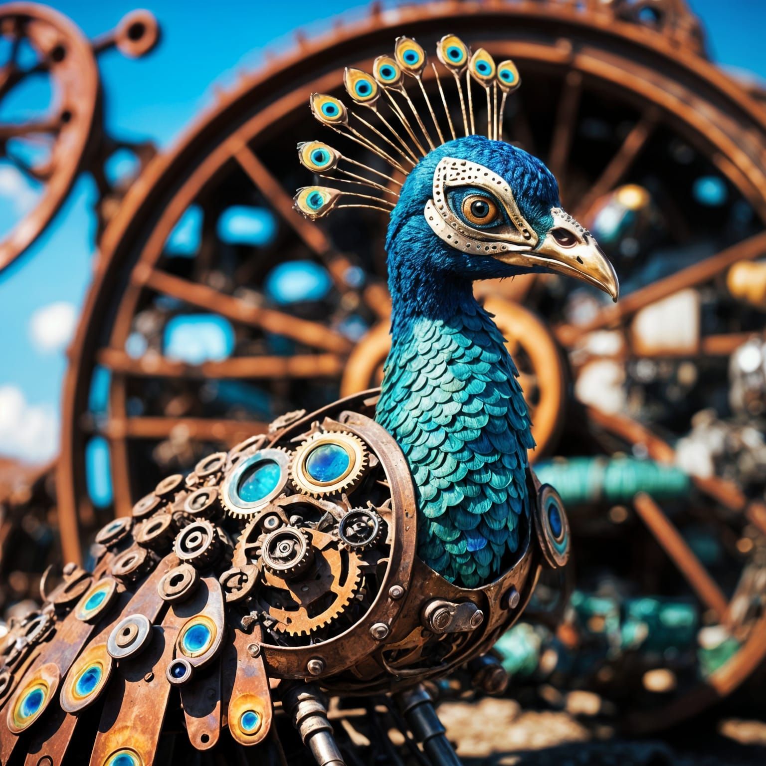 Steampunk Peacock in Rusty Scrapyard
