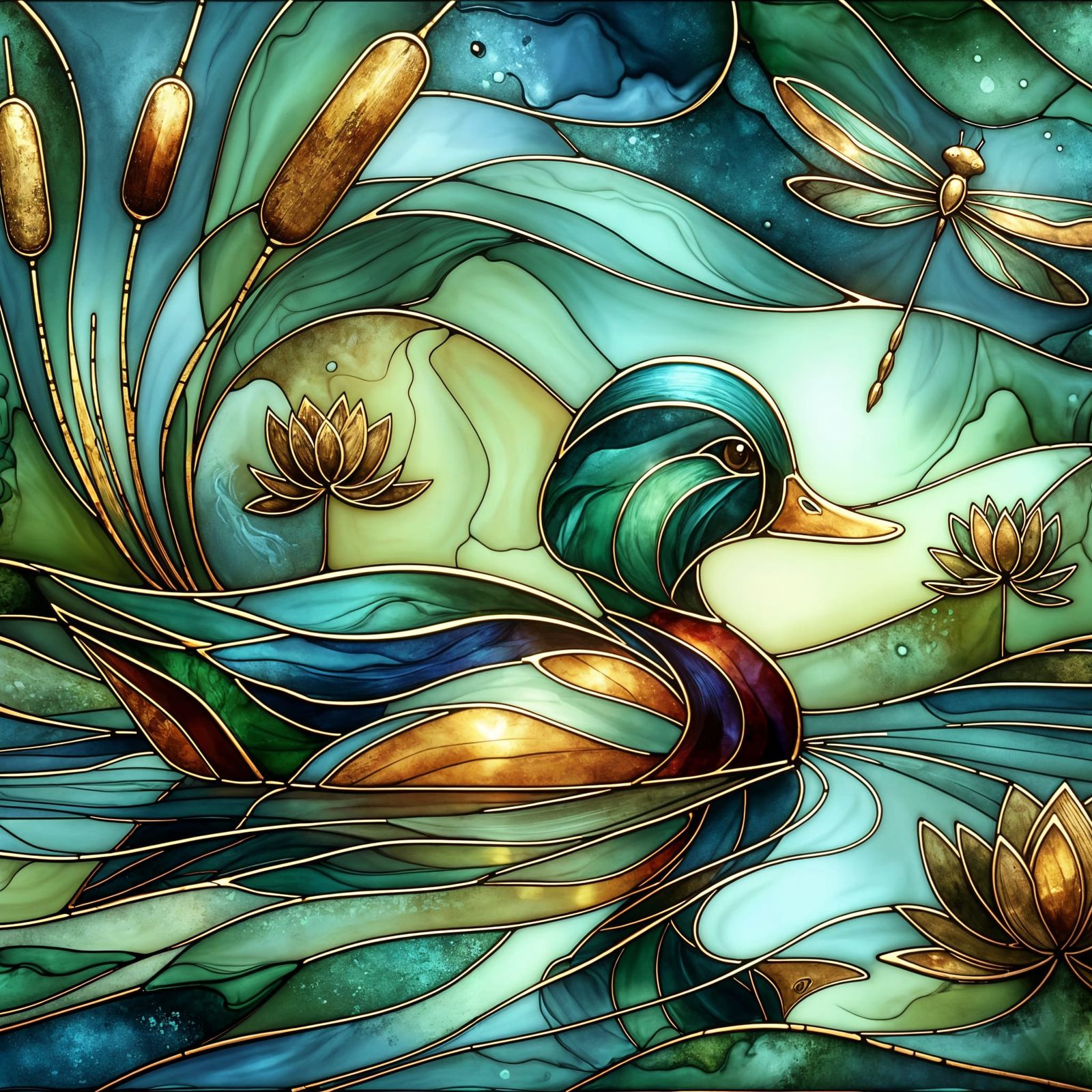 Emerald Duck in Bronze Pond: Stained Glass Effect