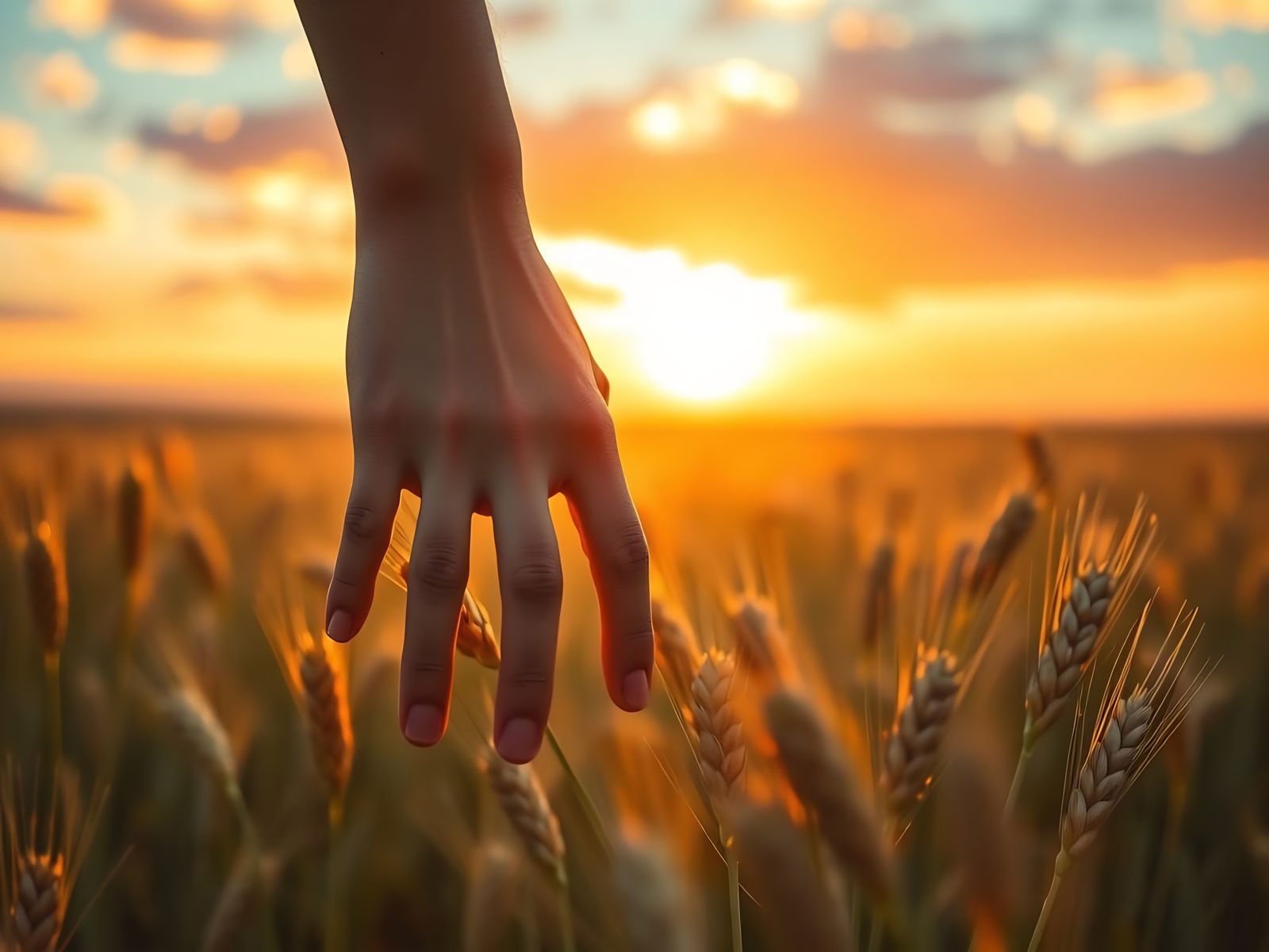 Woman's Hand in Wheat Field at Sunset