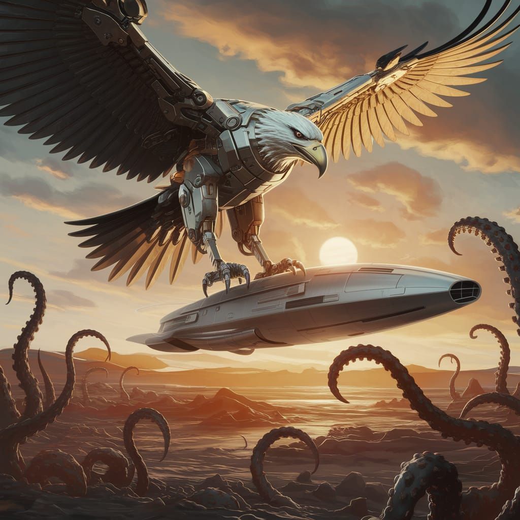 Cyborg Eagle Dominates Post-Apocalyptic Skyline in Digital A...