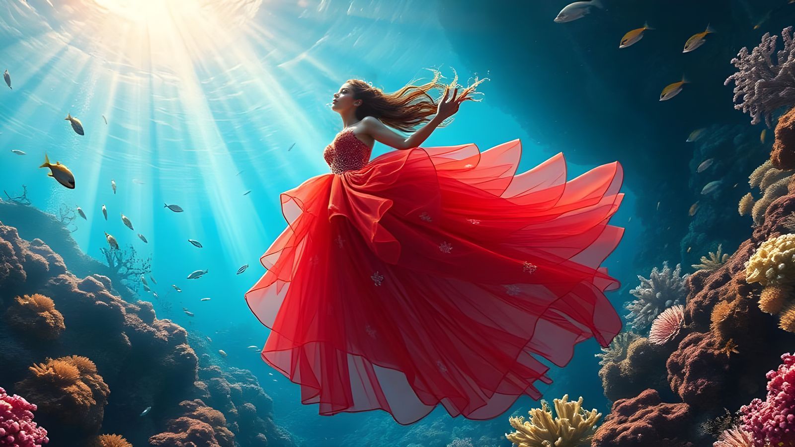Underwater Ballerina in Vibrant Coral Reef Elegance
