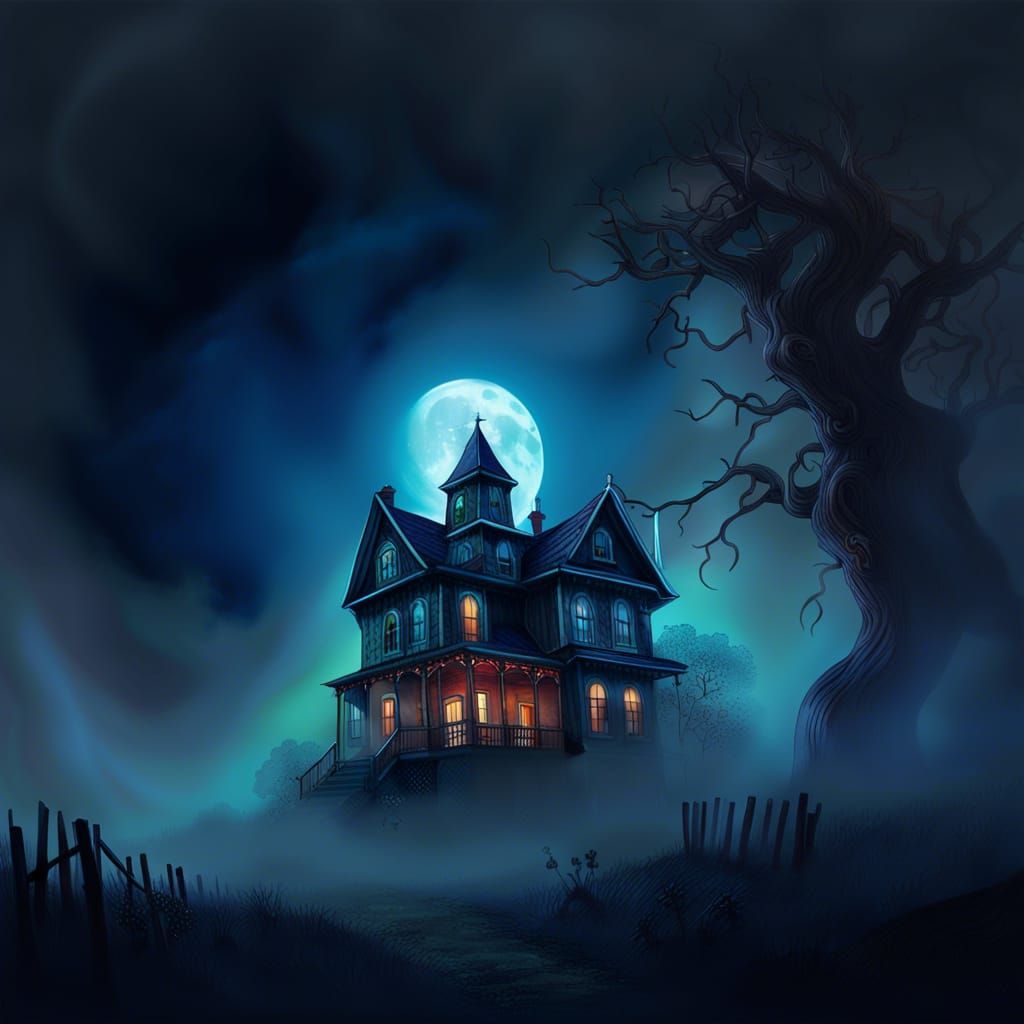 Eerie Haunted House in Moonlight, Hyperrealistic Art