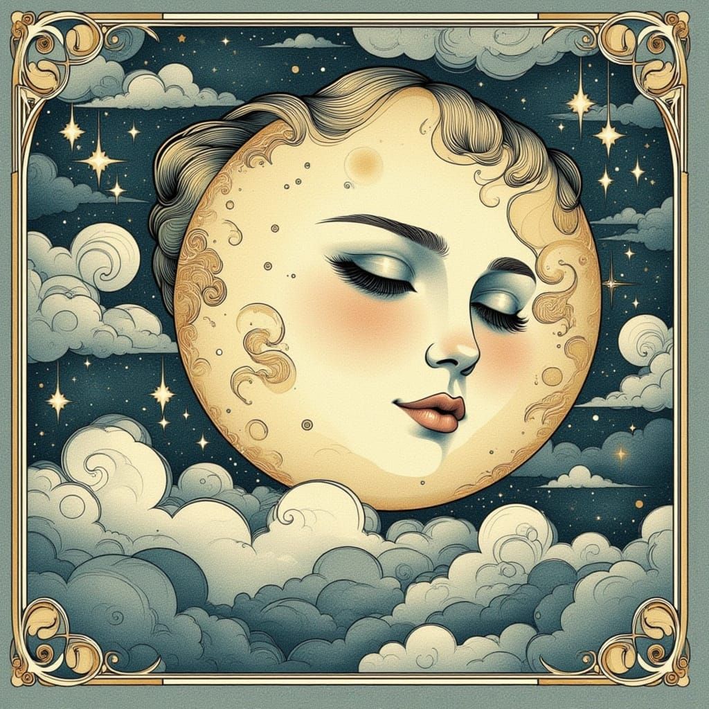 Neo Traditional Moon with Human Face Illustration