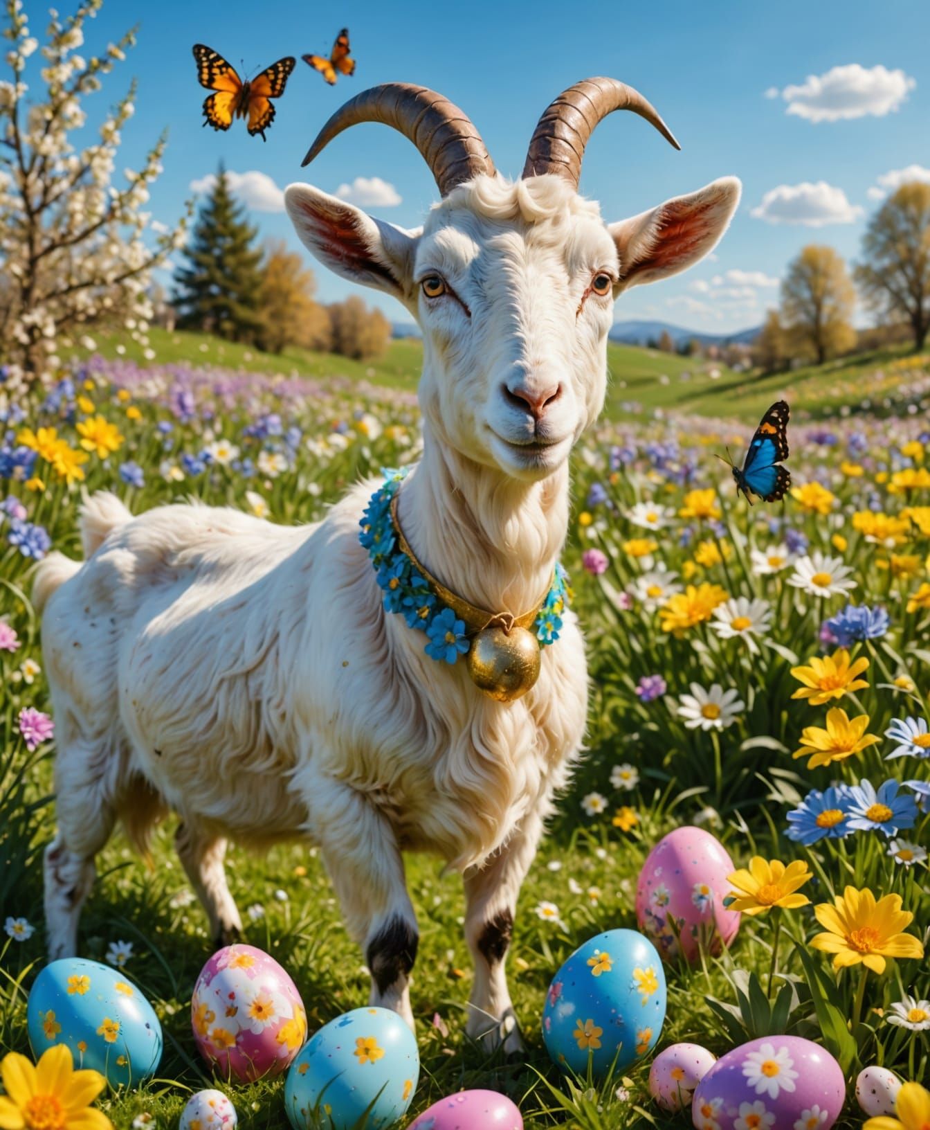 Vibrant Easter Goat in Whimsical Spring Meadow