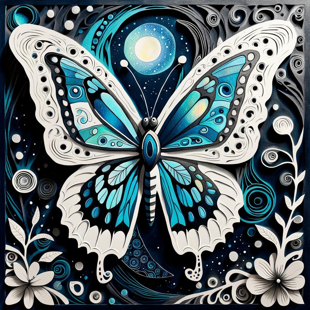 Butterfly Zentangle Linocut Relief Print in Black and White