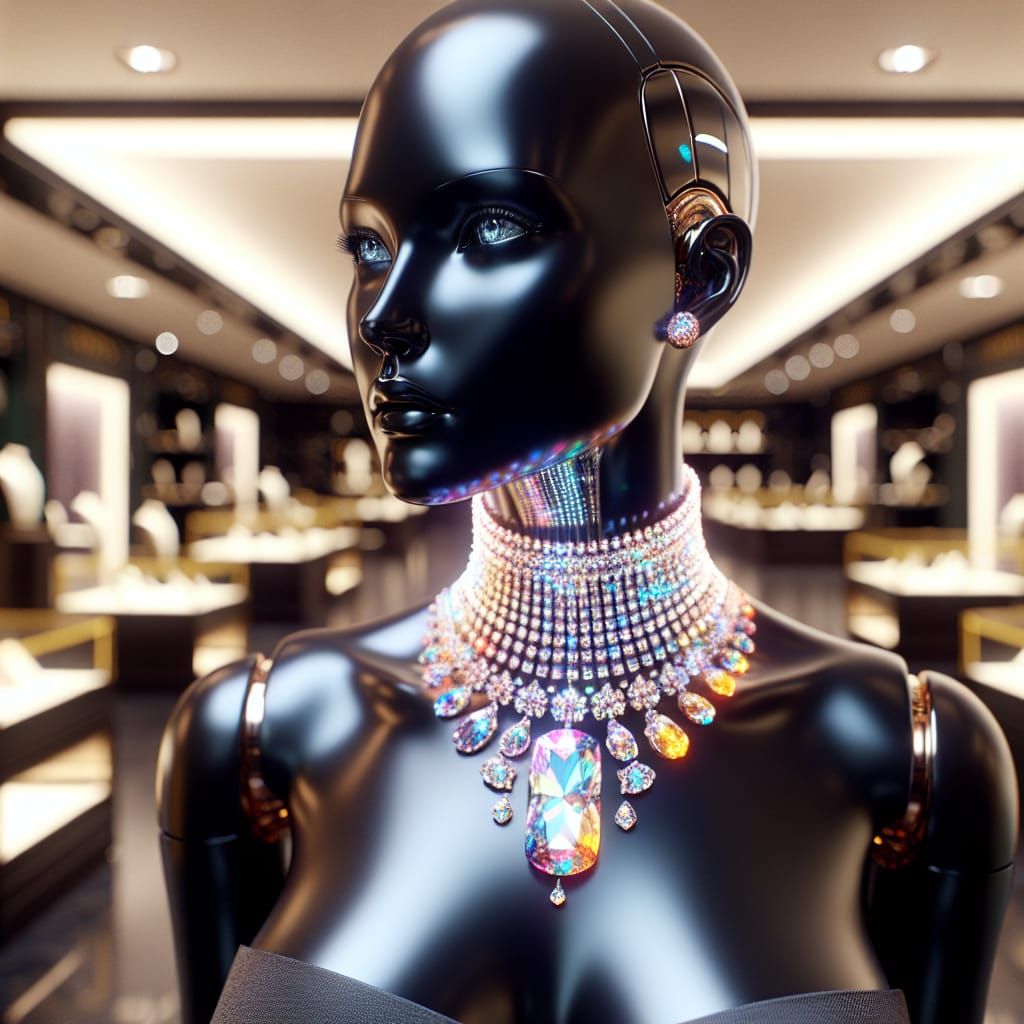 Elegant Android Showcasing Exquisite Gemmed Necklace in Luxu...