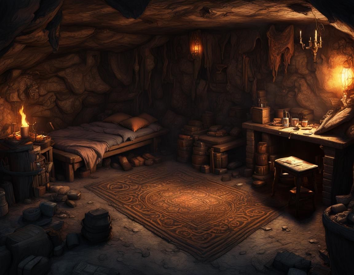 Torchlit Bandit Hideout Carved from Rock, Matte Painting