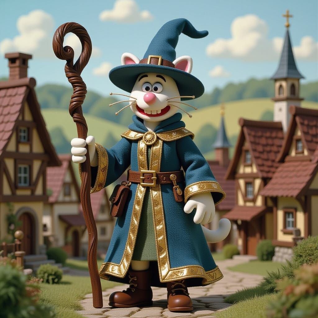 Claymation Cat Wizard in Fantasy Village