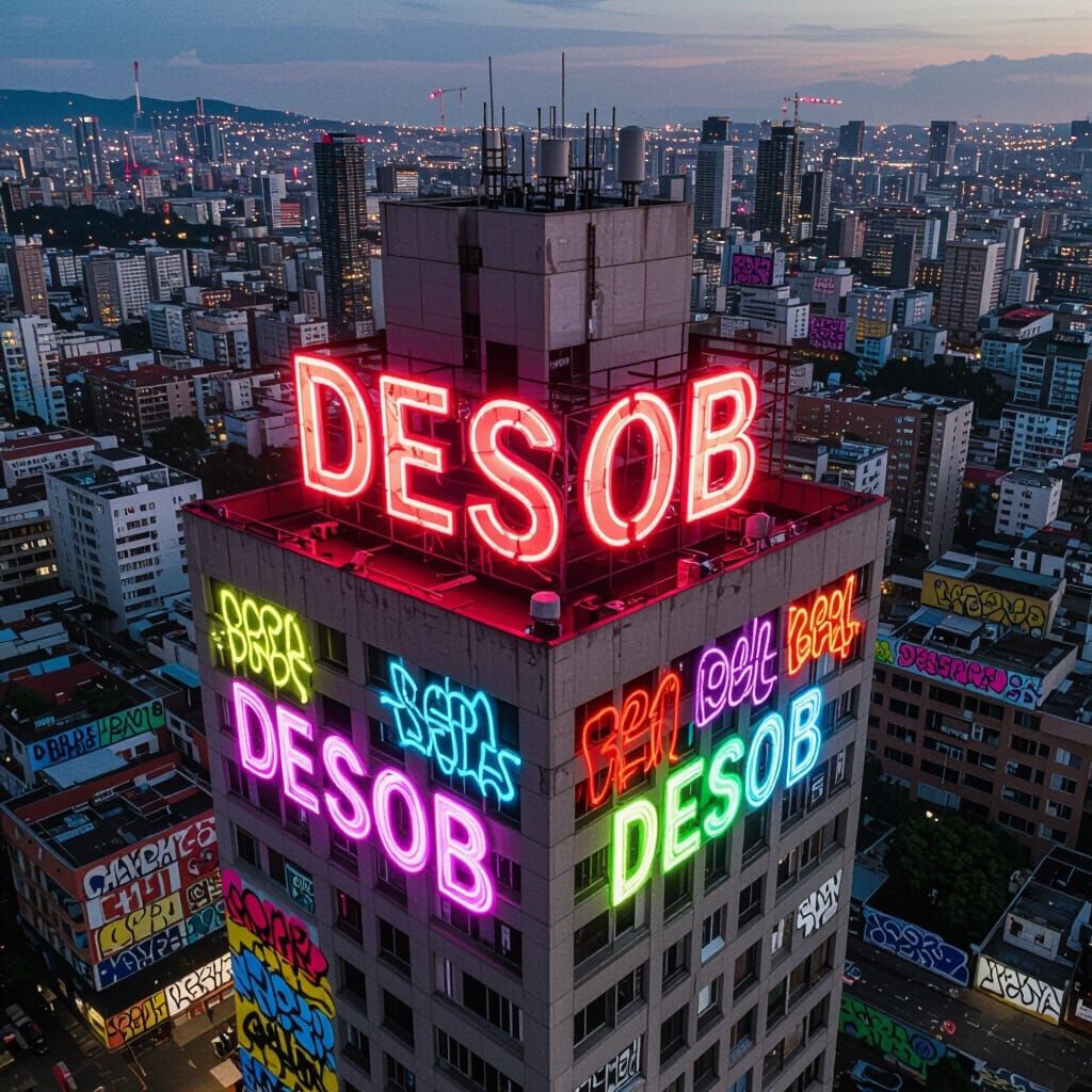 Neon DESOB Graffiti Art: Urban Drone View
