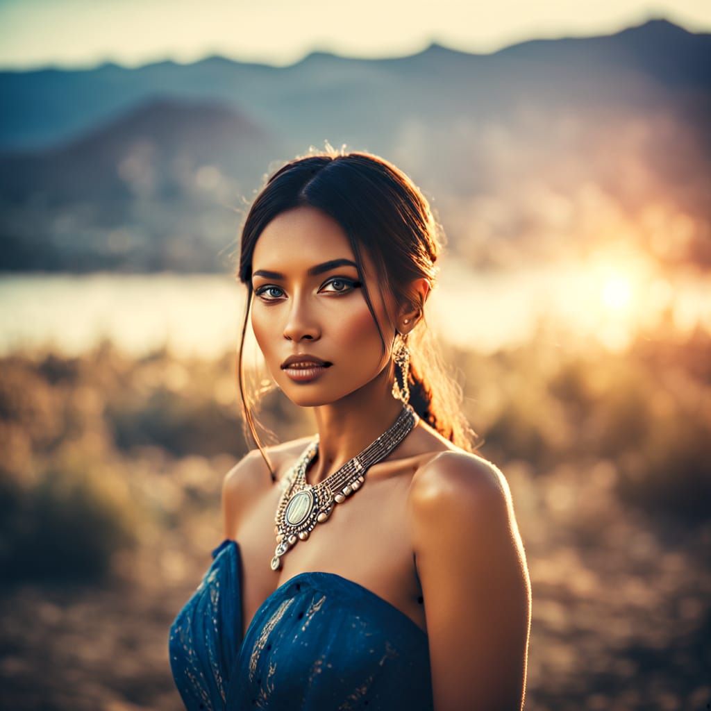 Stormy Wild West Native American Goddess in Blue Skirt