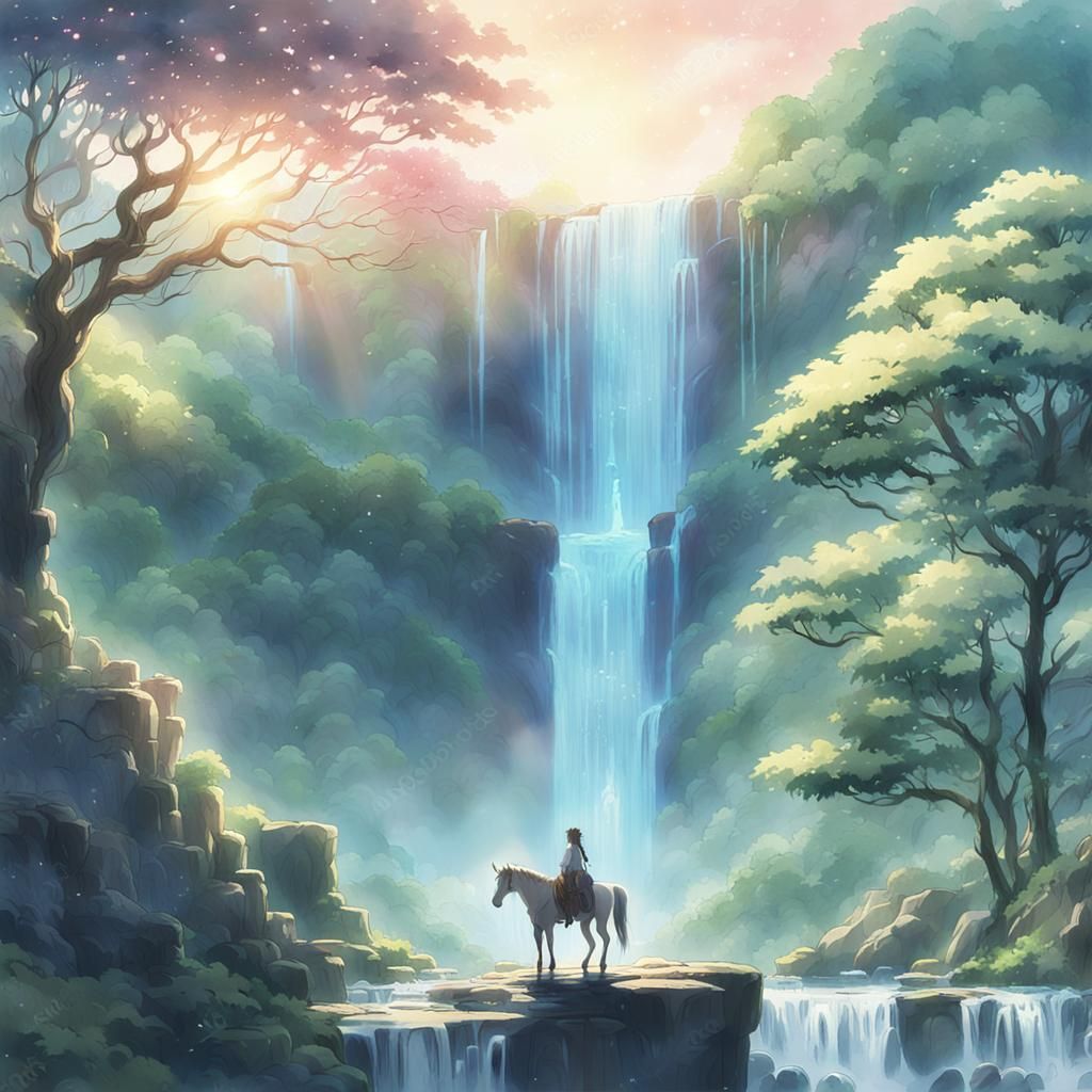 Anime Centaur Waterfall Scene in Watercolor Style