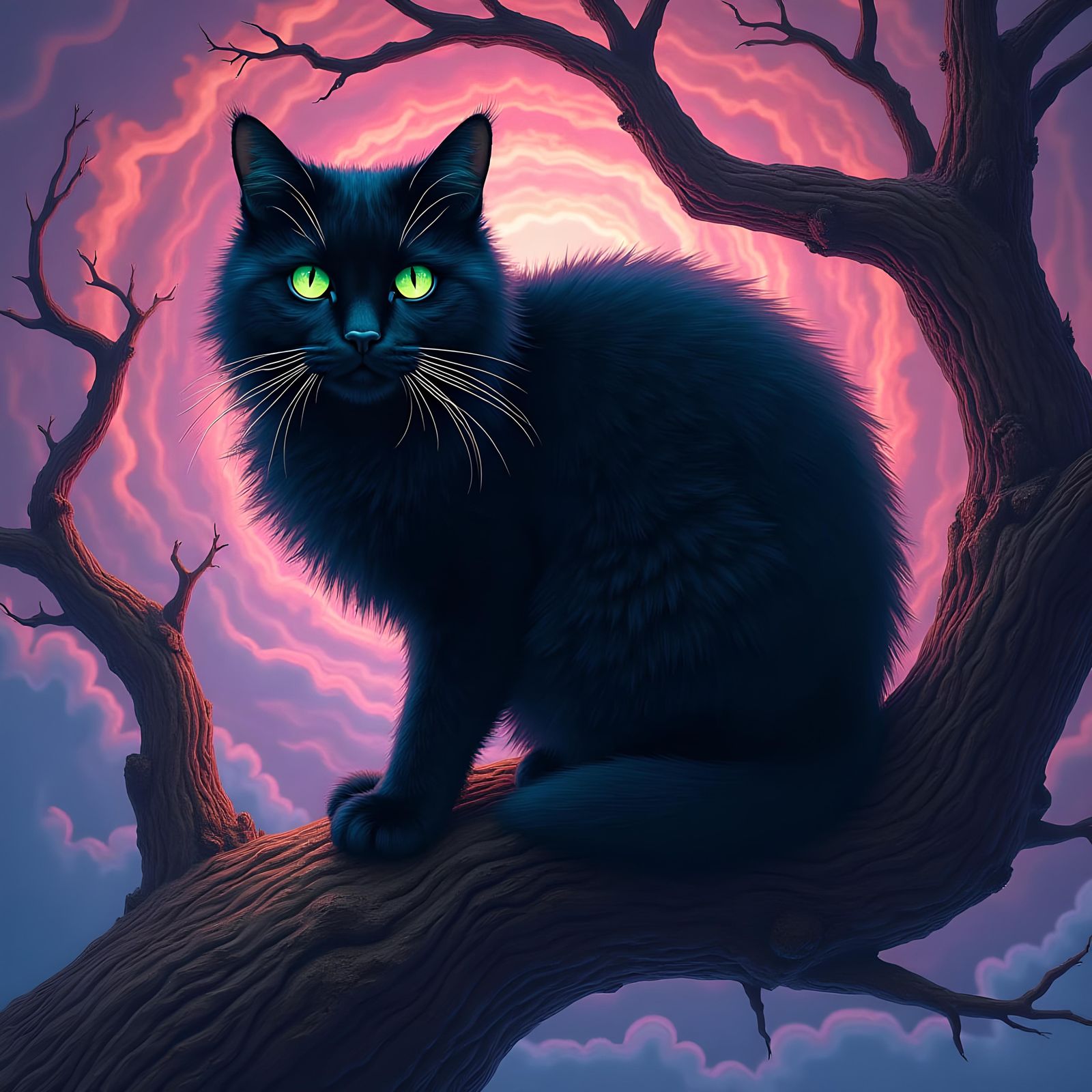 Psychedelic Black Cat in Red Tree