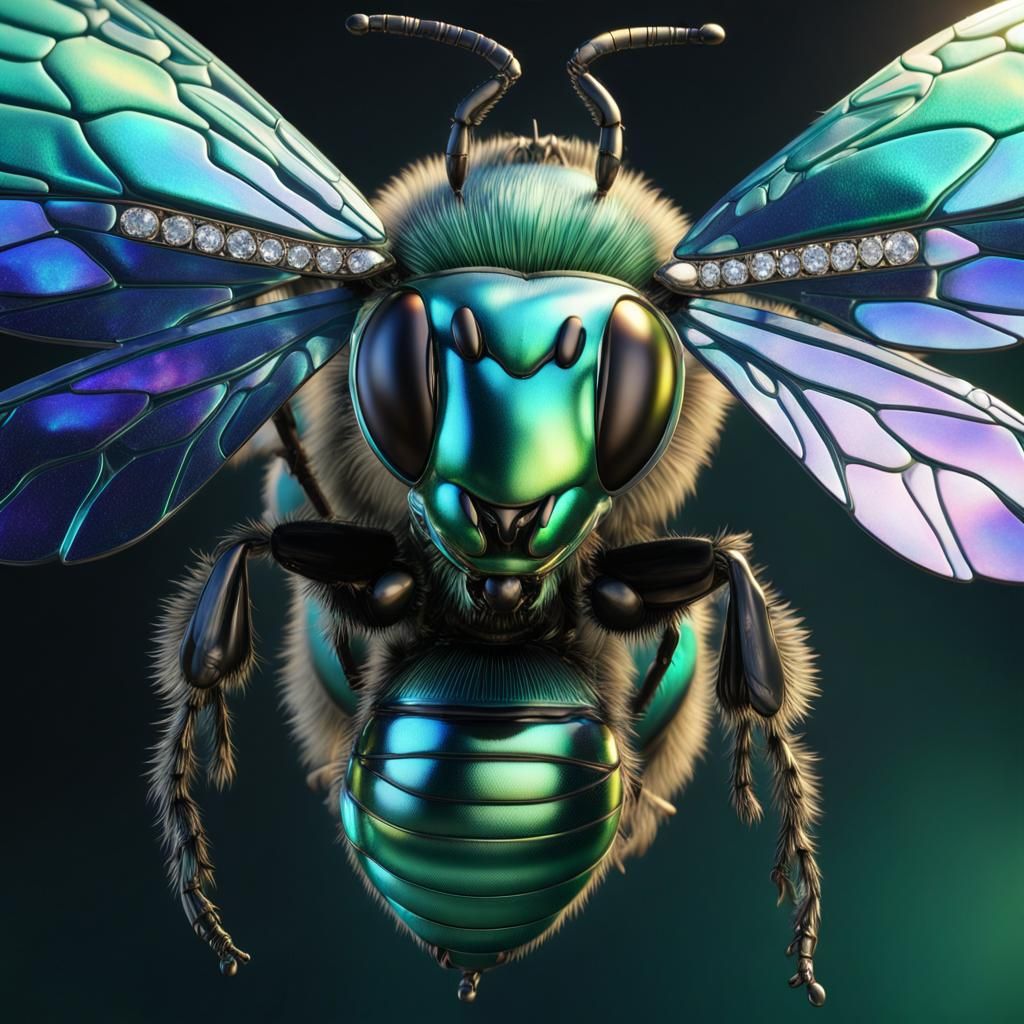 Iridescent Bee with Diamond Wings in Hyperrealism