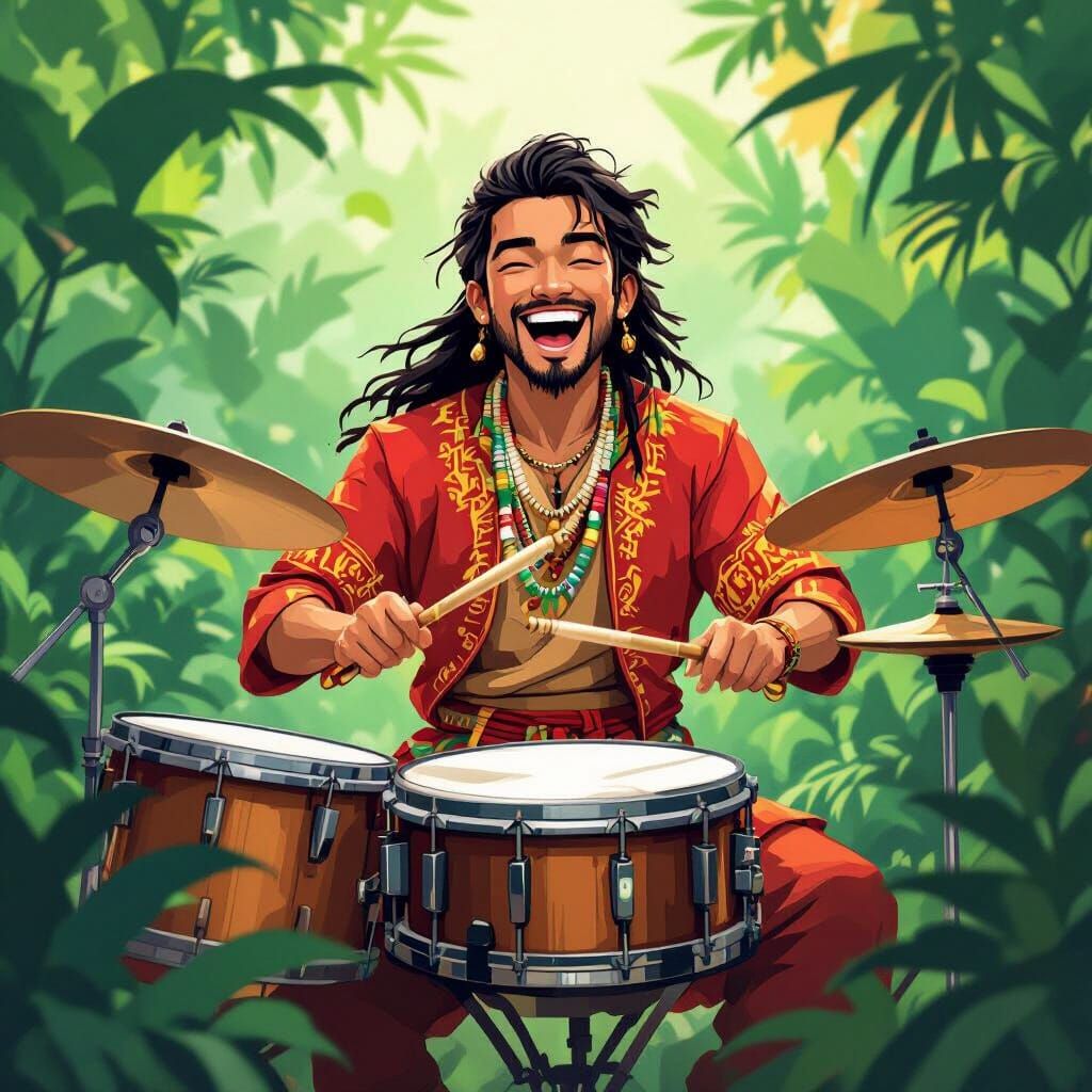 Indonesian Drummer in Lush Greenery, Digital Art Style