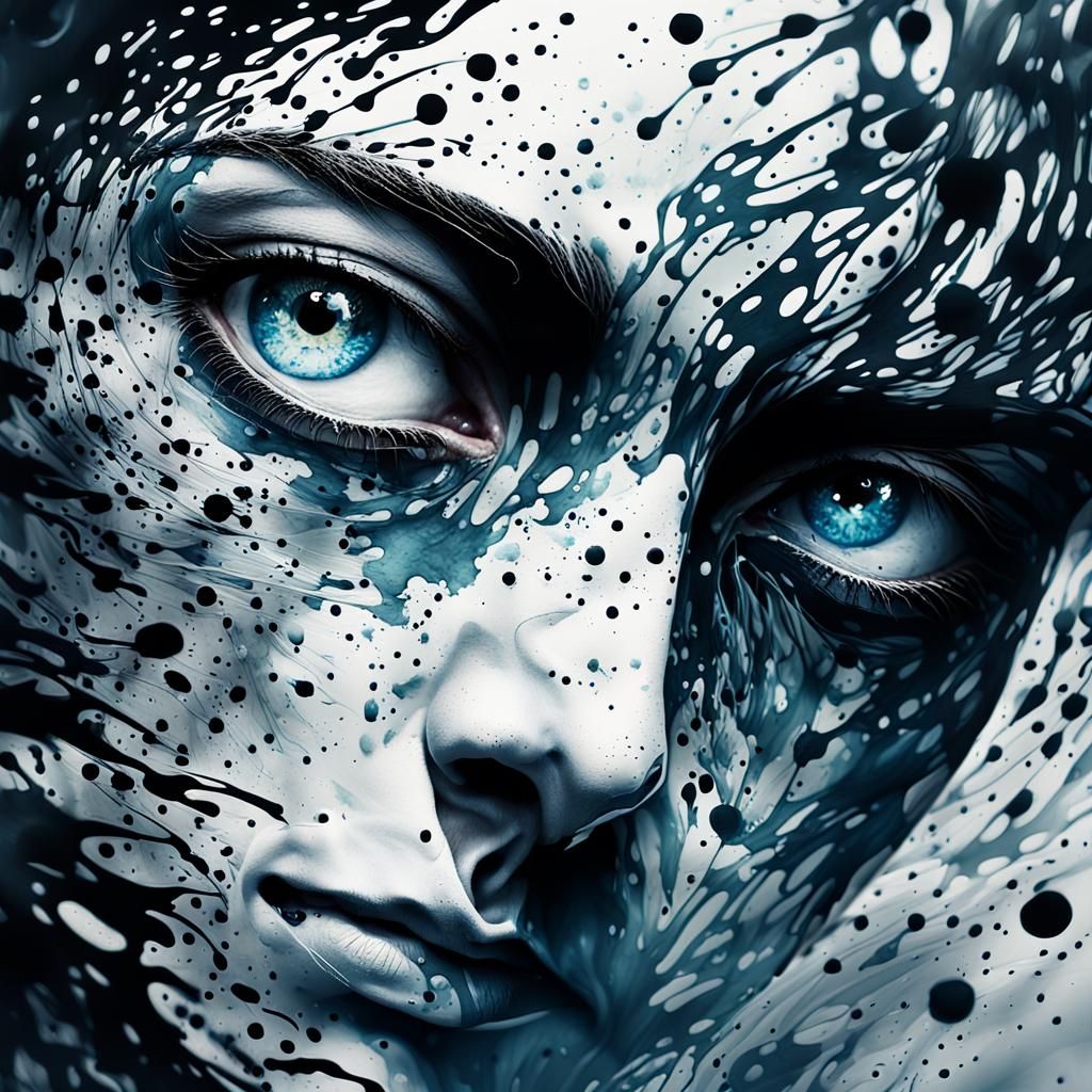 Surrealist Ink-Splatter Portrait of Dissolving Face