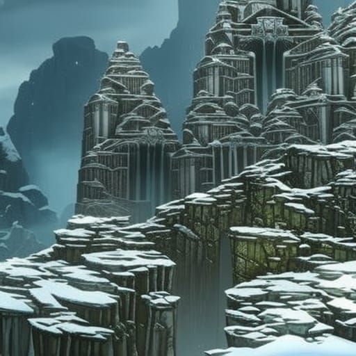 Atlantis Game Level with Waterfall in Winter