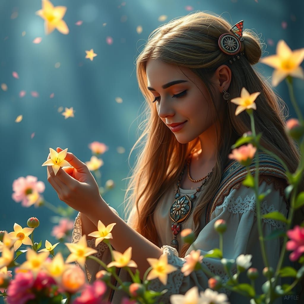 Woman Tending Star Flowers: Fantasy Concept Art