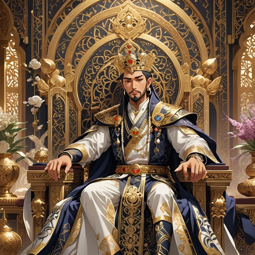 Regal Sultan on Throne in Anime Style