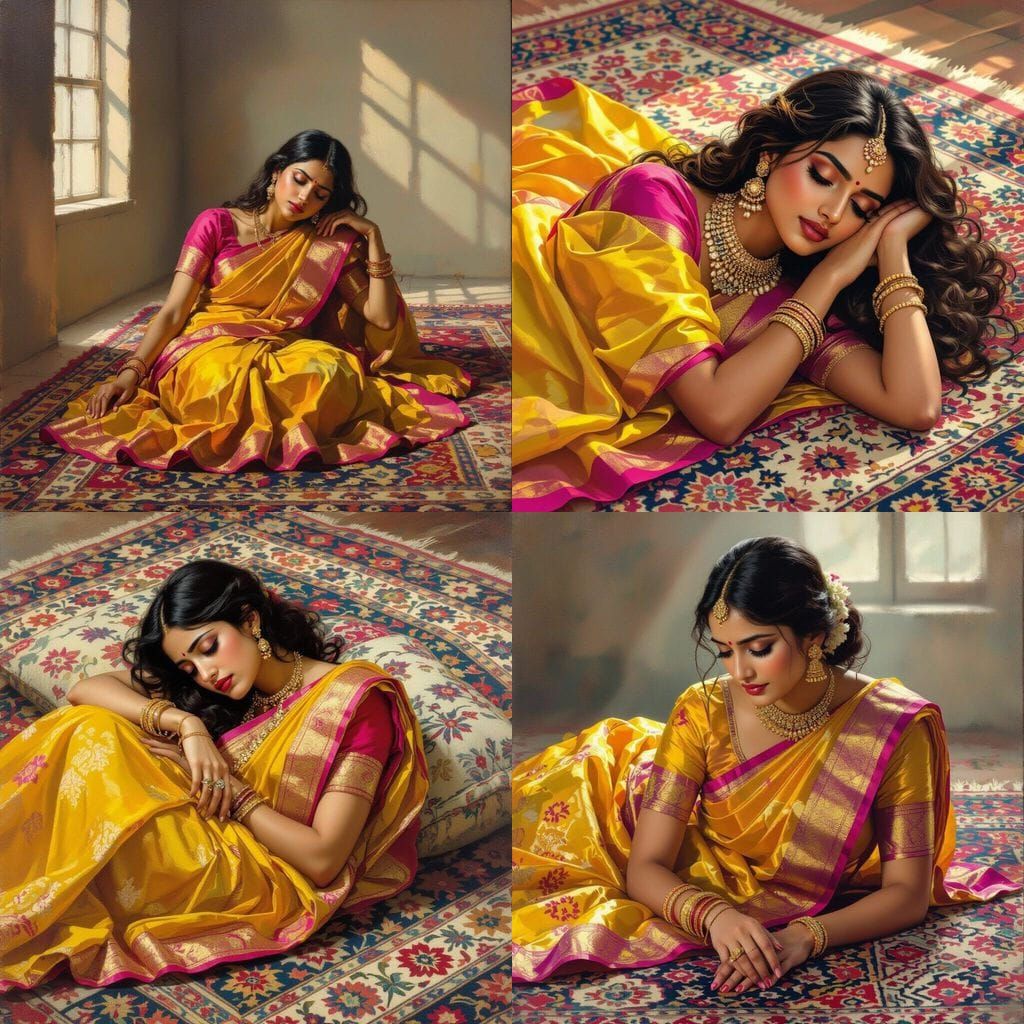 Woman in Vibrant Saree on Oriental Rug