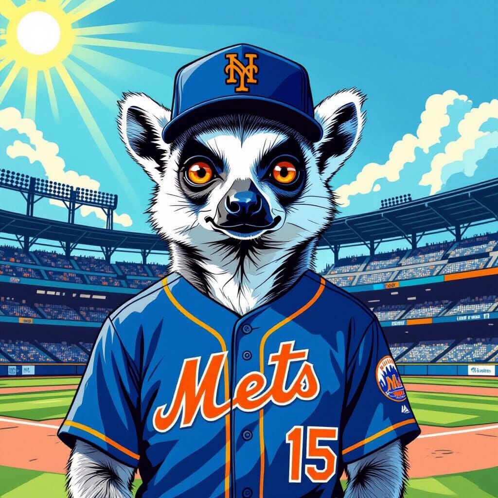 Lemur in Mets Outfit: Cartoonish Illustration