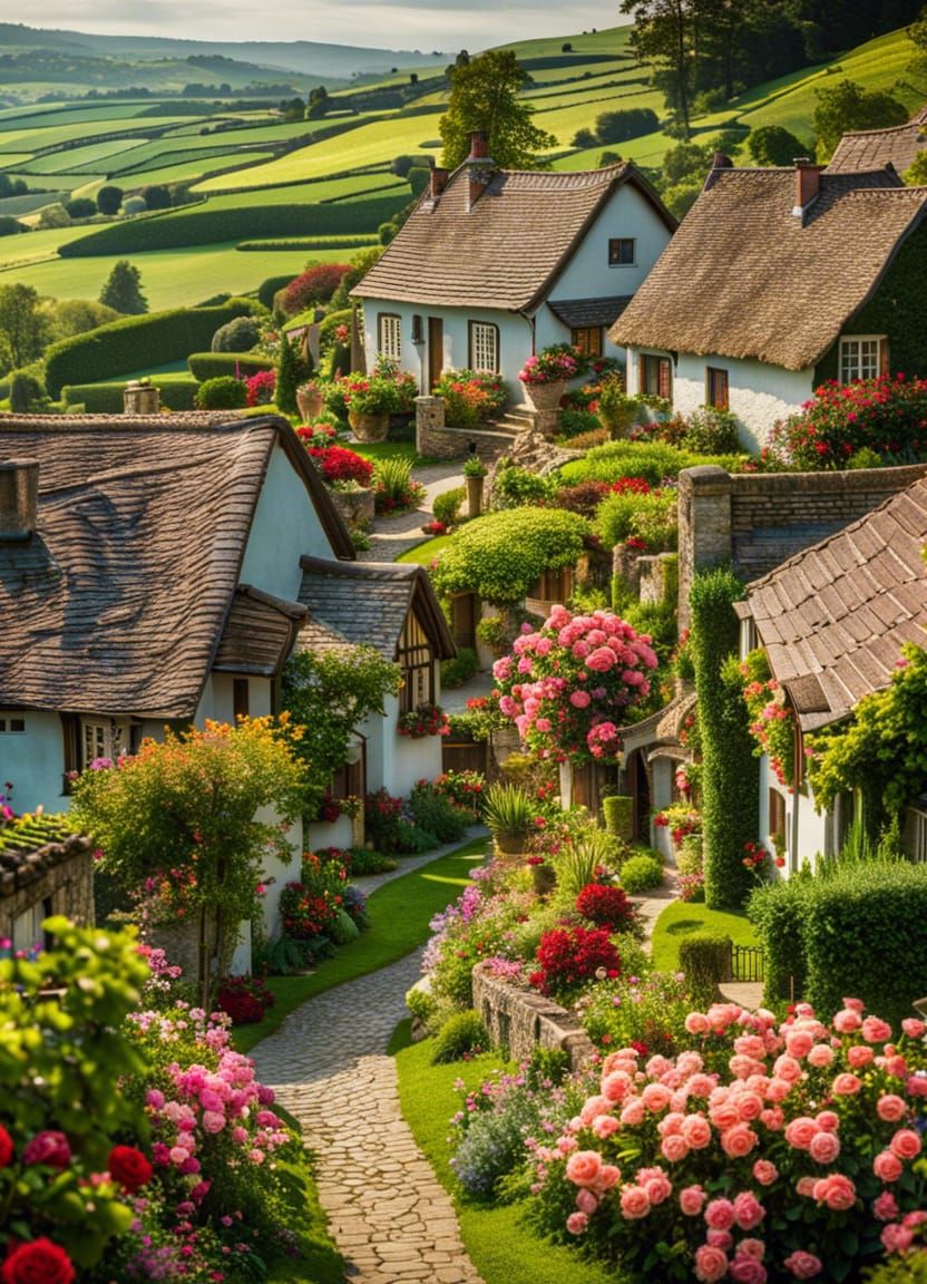 Quaint Cottages and Rose Gardens: A Countryside Scene