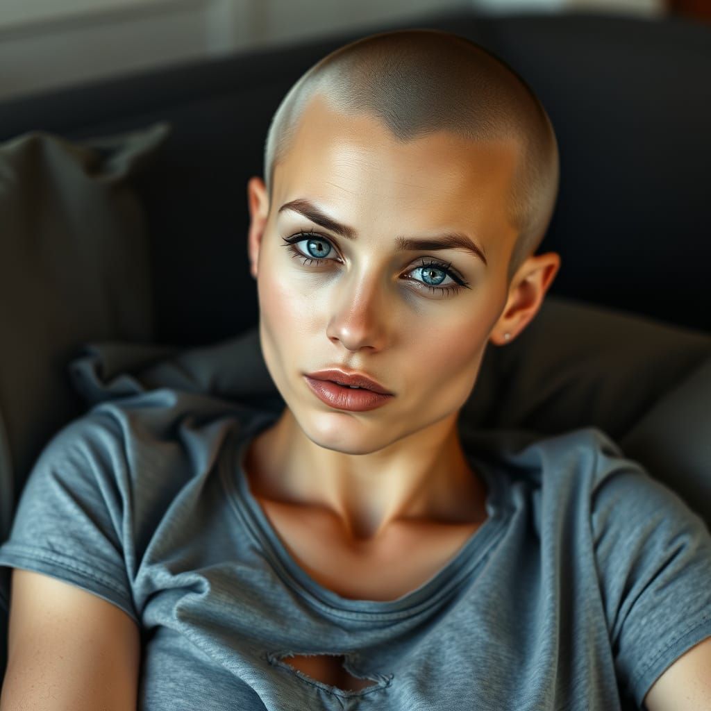Woman in Moody, High-Contrast Portrait with Buzzcut and Torn...
