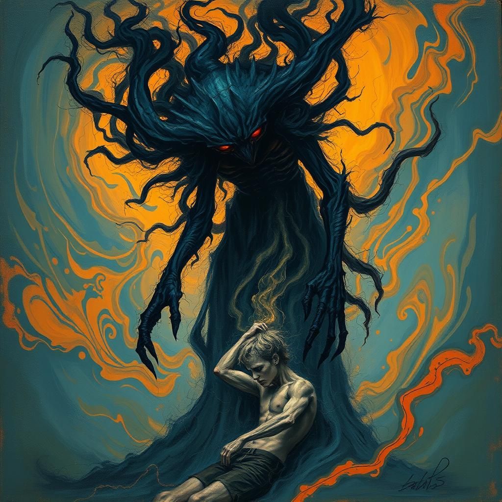 Ominous Figure Dominates Victim in Haunting Abstract