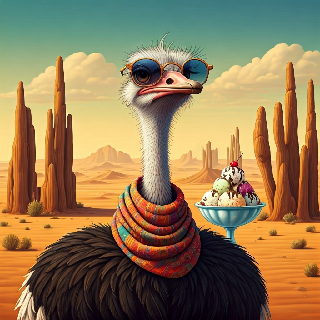 Ostrich Enjoys Sundae in Desert Oasis, Caricature Style