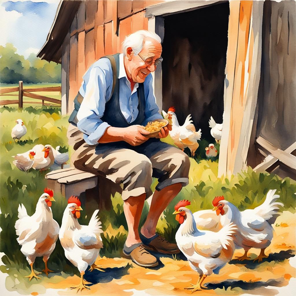 Laughing Man Feeding Chickens: Impressionist Watercolor Pain...