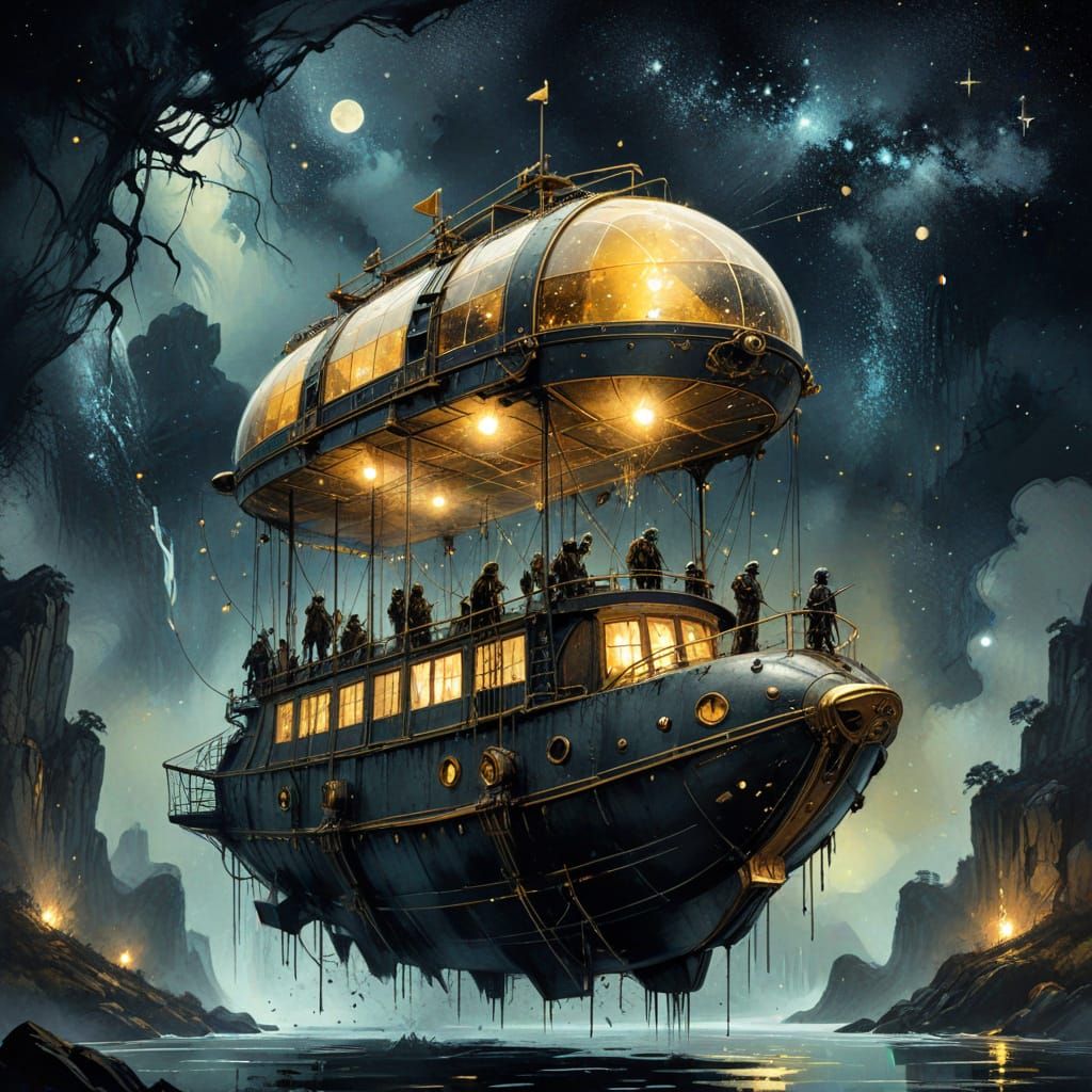 Miniature World in Glass Airship, Watercolor and Ink