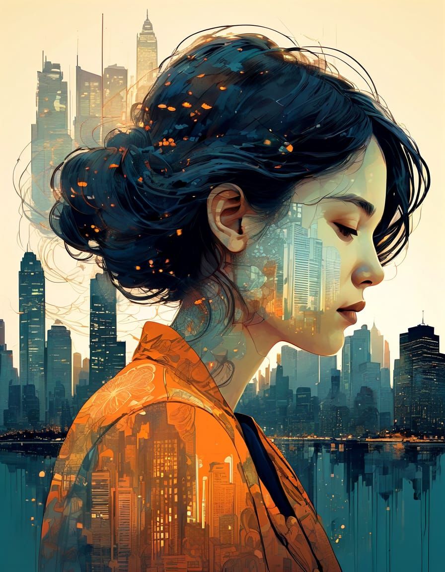 A Woman's Profile Blending into a City Skyline at Twilight
