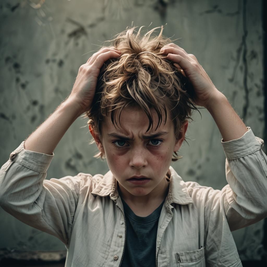 Frustrated Child with Itchy Head: Cinematic Film Still