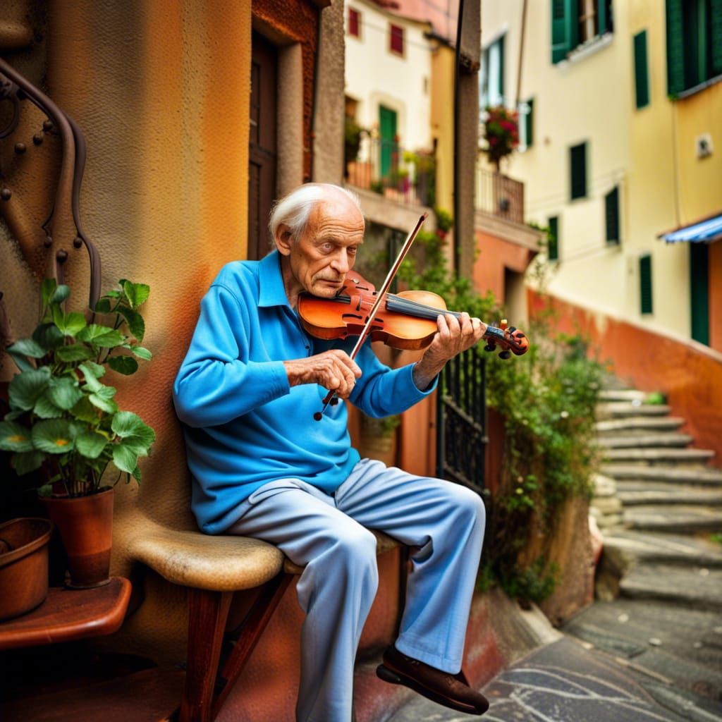 A wrinkled 80 year old male playing a violin. He plays on a chair Infront of his Italian house in the Cinque terre regio...