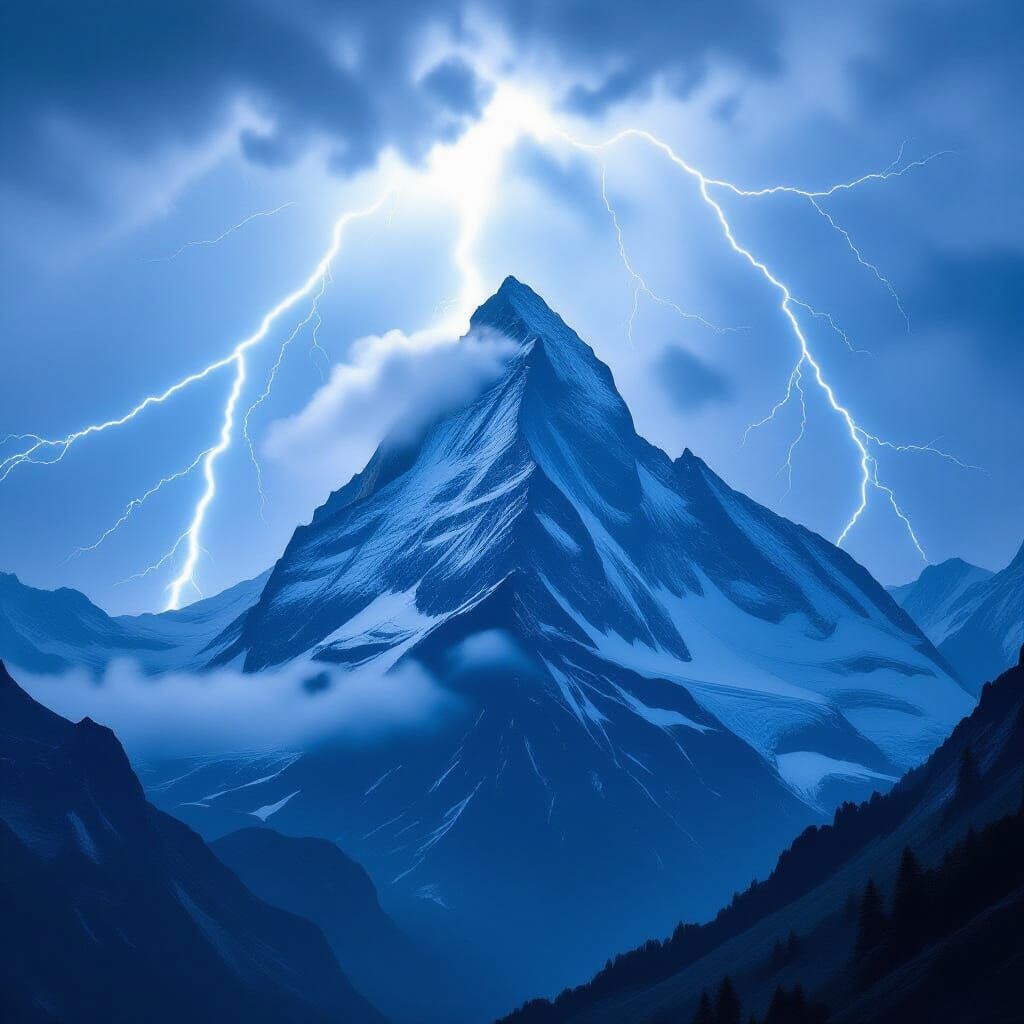 Blue Metal Mountain Peaks Shrouded in Mist