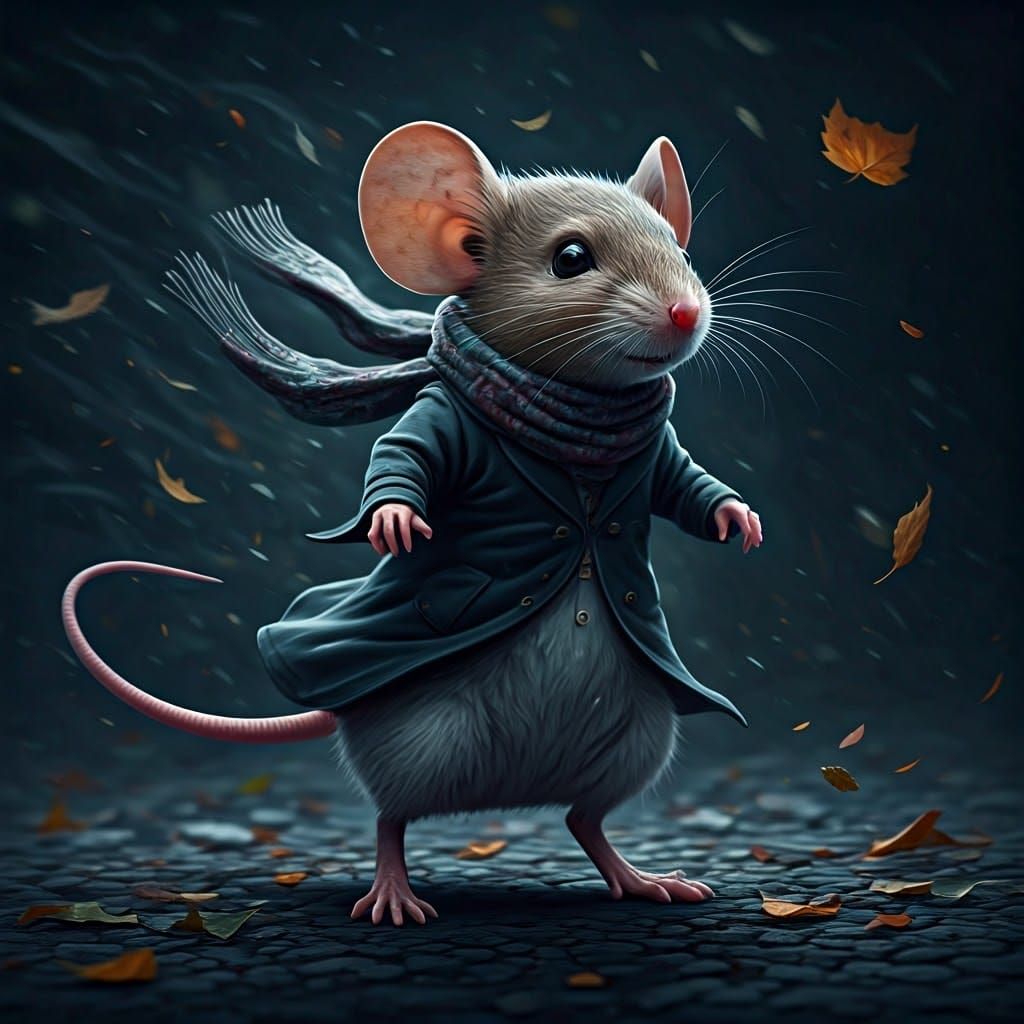 Mouse Battling Wind in Surreal Realism Style