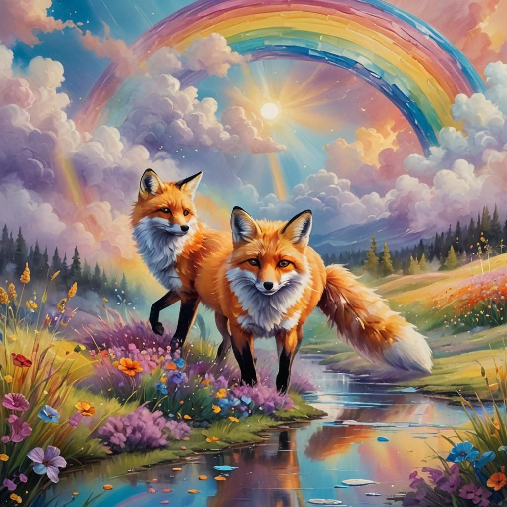 Dreamy Fantasy Fox Plays on a Vibrant Rainbow