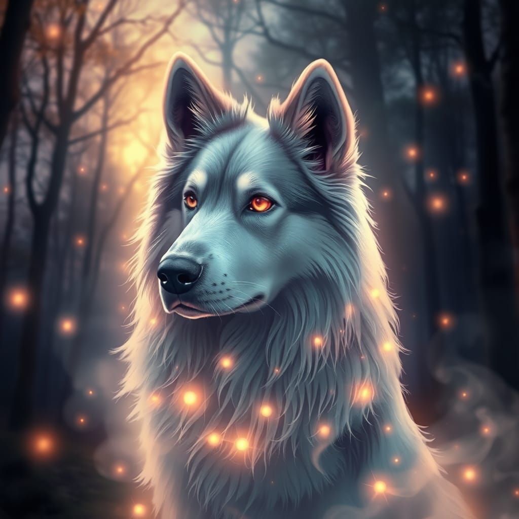 Ethereal Canine in Twilight Woods: A Dreamlike Vision