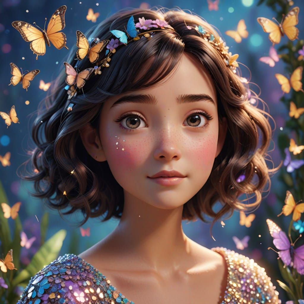 Gentle Face with Butterflies in Pixar Style