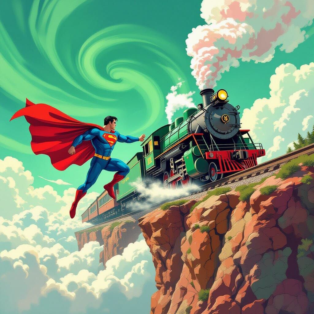 Superman Rescues Train from Cliff in Psychedelic Sky