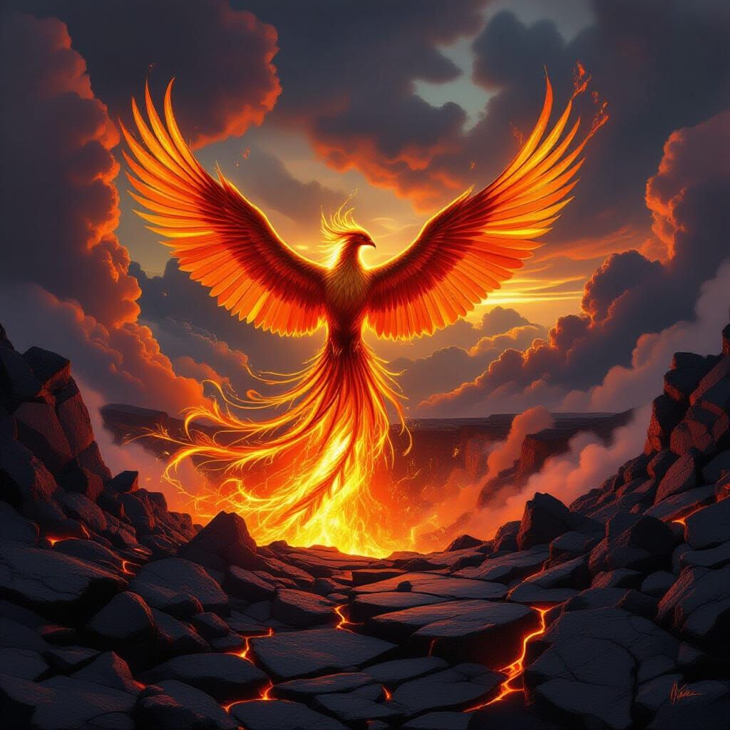 Phoenix Rising from Volcanic Caldera in Hyperrealism