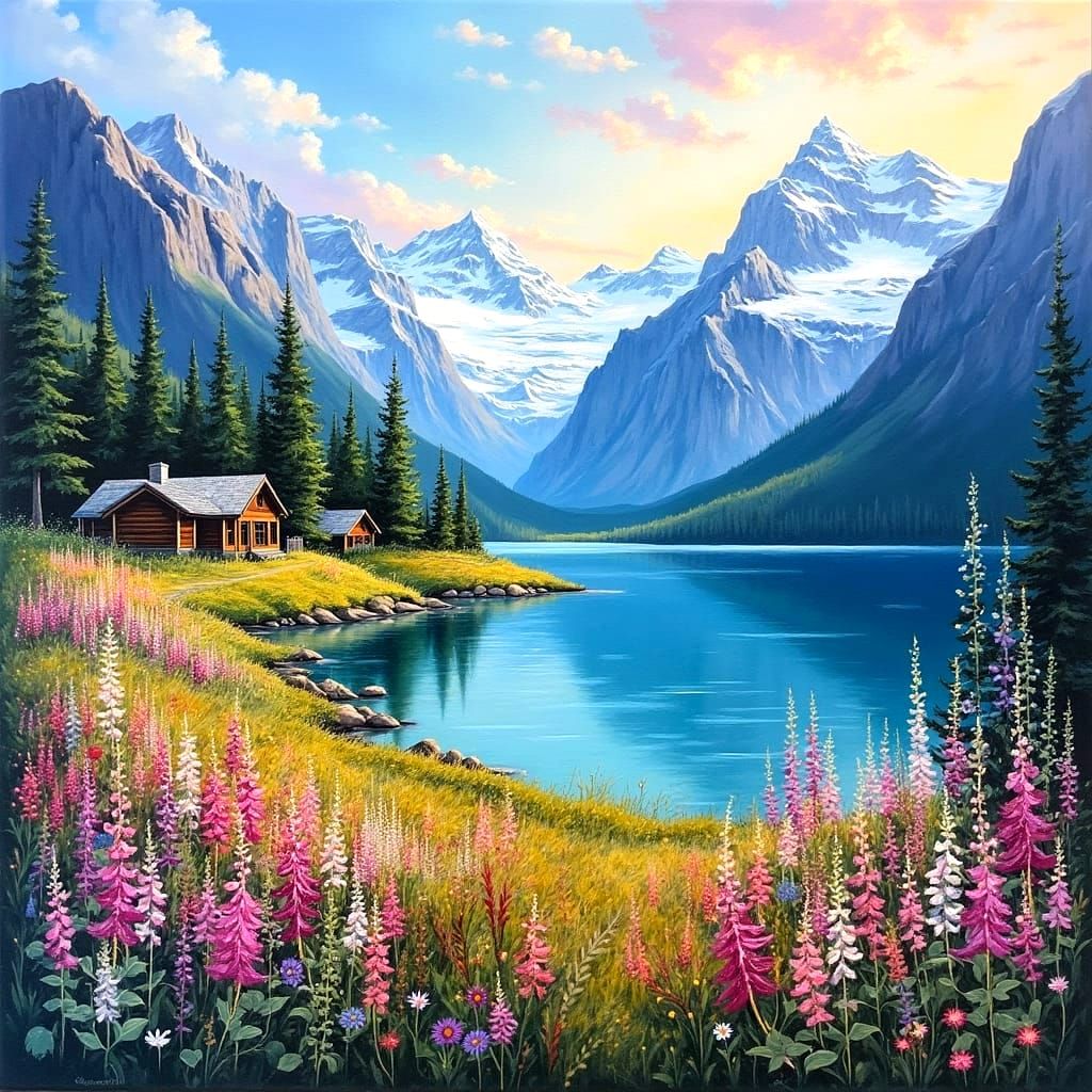 Ethereal Glacial Paradise with Blossoming Wildflowers and Ru...