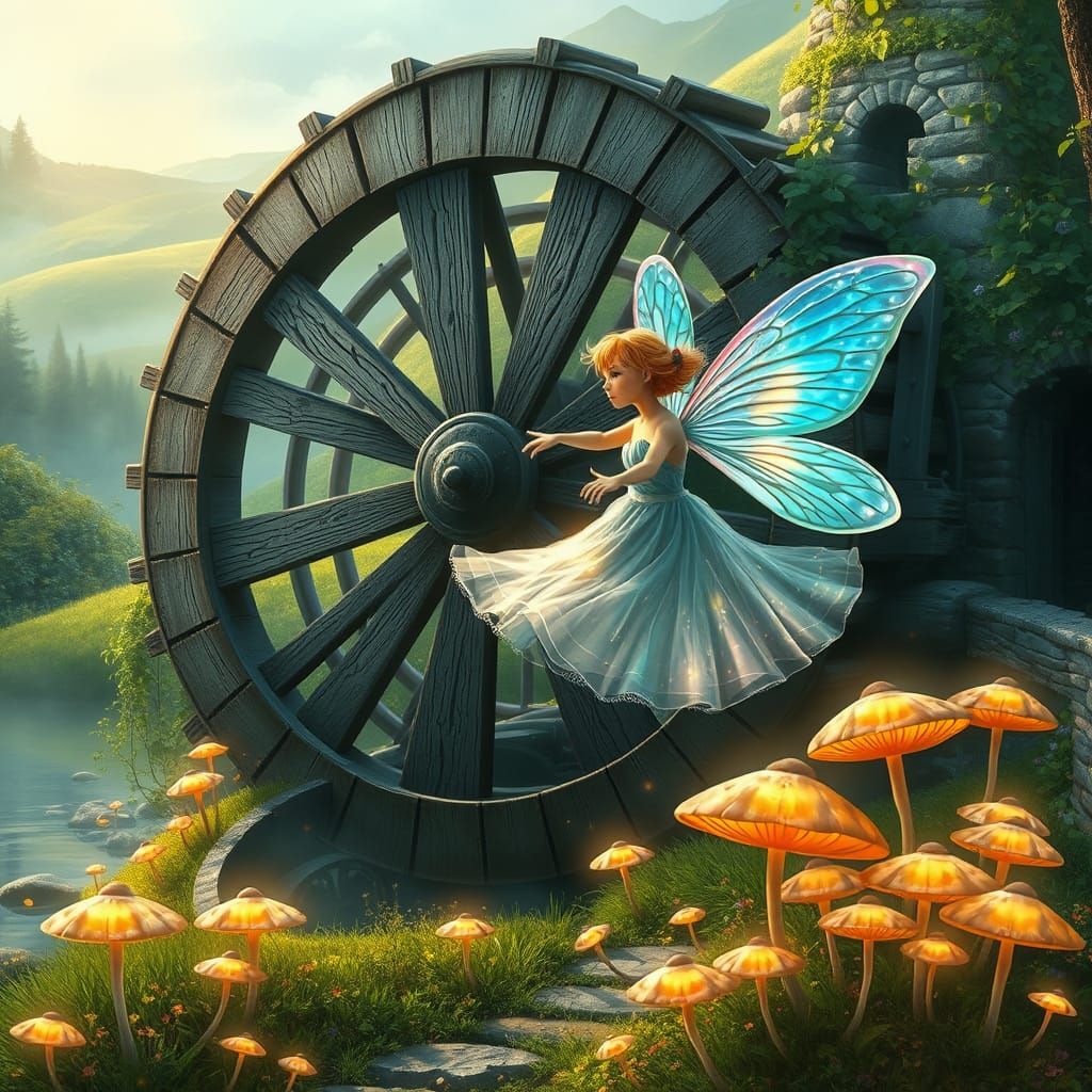 Whimsical Waterwheel Scene in Enchanted Forest