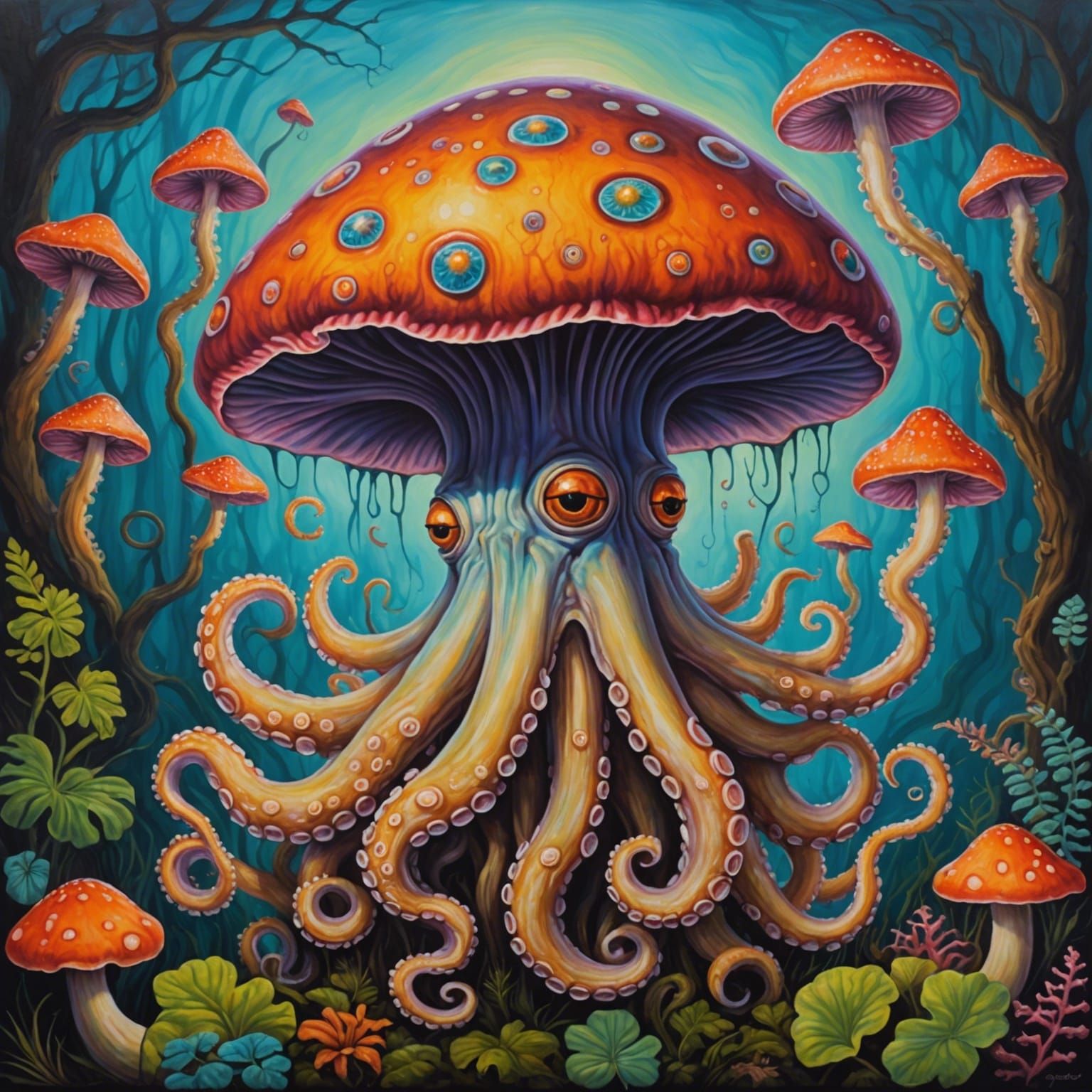 Sentient Mushroom Octopus in Psychedelic Social Realism